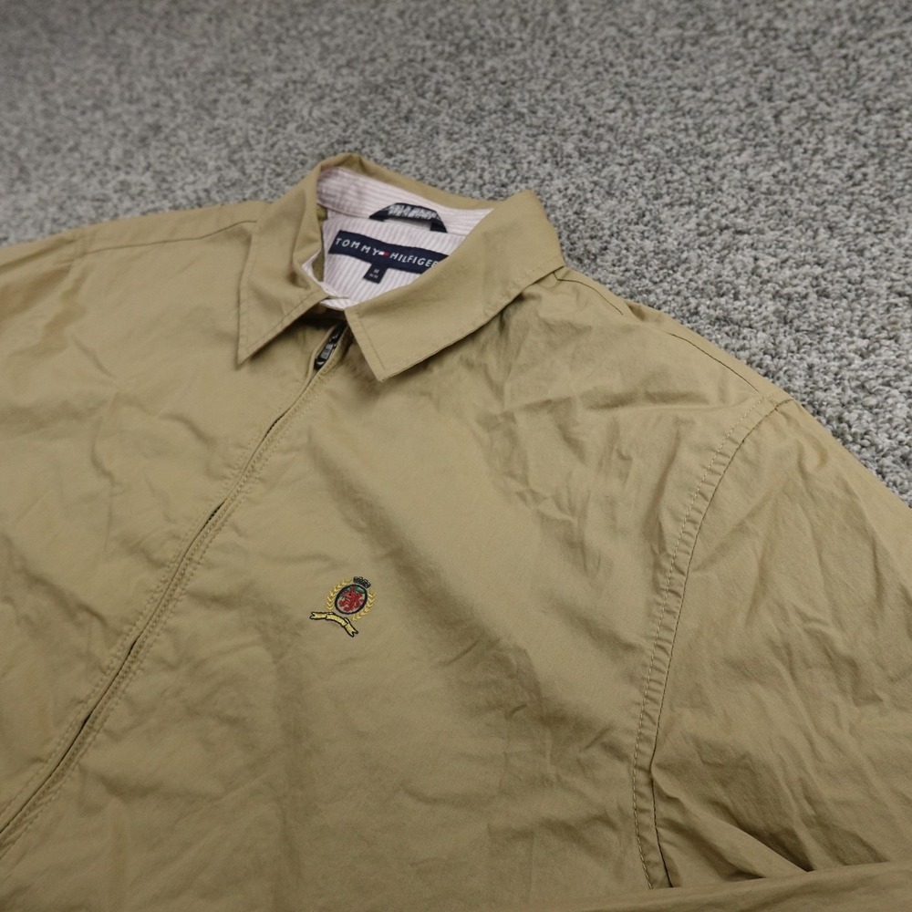 VTG Tommy Hilfiger Jacket Mens M Beige Crest Logo Zip Chin Strap Bomber Golf Y2K